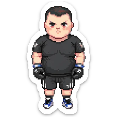 white man with dark hair, dark eyes, buzzcut faded haircut, overweight 100kg boxer, chubby face, stocky build, wearing full black clothes, black adidas boxing gloves, highly pixelated, chunky pixel style, low resolution sticker