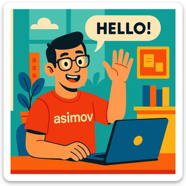 an office worker with glasses, red 'asimov' t-shirt, saying hello, modern illustration, vibrant toon style sticker