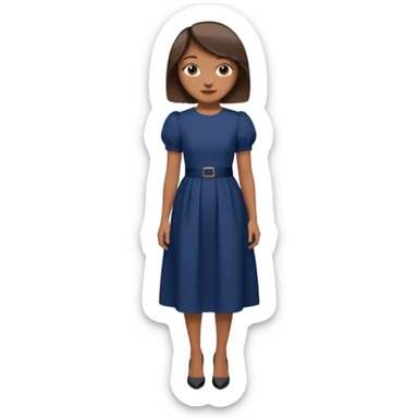 Menina pele parda, sorridente cabelo liso médio curto, roupa modesta, vestido azul marinho longo manga bufante pequeno,  salto preto mão na cintura  sticker