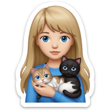 Apple-style emoji sticker of a young woman with long dark blond hair and bangs, blue eyes , holding a spotting black-and-white kitty on her chest.  sticker