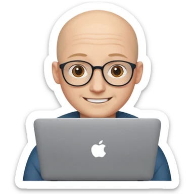 bald young programmer with MacBook without wrinkle on head sticker