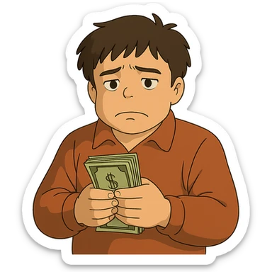 ghibli style dark brown haired guy with a round face, disappointed expression, holding a stack of cash sticker