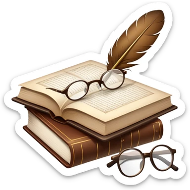 An icon showing an open classic book with elegant pages, a feather quill, and reading glasses resting on top. Behind it, a stack of literary works and a candle evoke deep study and timeless stories. Transparent background highlights the analysis of literature and texts. sticker