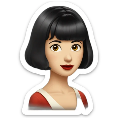 a girl who looks like amelie poulain, short bob cut with bangs, black hair, brown eyes, cherry red lips, white skin, vintage clothing sticker
