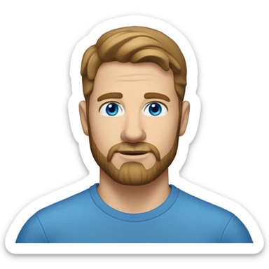 A head and shoulders shot of a 34 year old white man, with short brown hair, with beard facial hair,   with blue eyes wearing a t-shirt. sticker