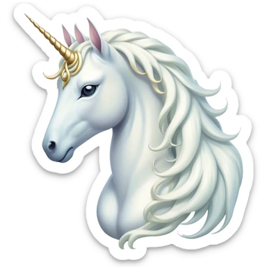 Beautiful and Majestic White Unicorn Portrait Emoji, Head and body exuding serene brilliance with a luminous, flowing mane and a gracefully spiraled horn, eyes gently closed in peaceful reverie, Simplified yet exquisitely enchanting features, highly detailed, glowing with a soft, celestial light, high shine, serene and utterly majestic, stylized with an air of timeless fantasy, soft glowing outline, capturing the essence of a beautiful and majestic white unicorn that embodies the pure magic of legend! sticker