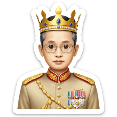 Cinematic Realistic King Bhumibol Adulyadej Portrait Emoji, depicted as a revered Thai monarch with a dignified expression and traditional royal attire, rendered with lifelike textures and soft regal lighting that captures his lasting legacy. sticker
