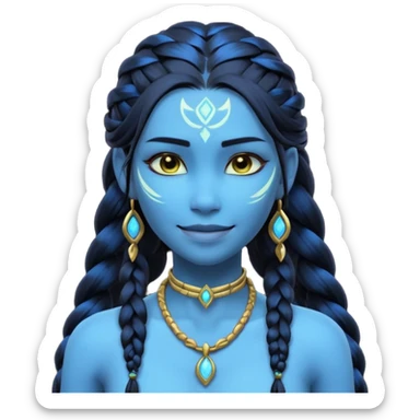 avatar-style Na’vi female portrait, head and shoulders only, blue skin, glowing bioluminescent markings, long braided hair, subtle tribal jewelry, confident smile, 3D cartoon, mobile game icon style, clean background, no text, no watermark
 sticker