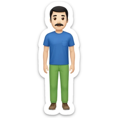 A man with black hair and too short beard and moustache and him wear a blue t shirt and green colour colour  sticker