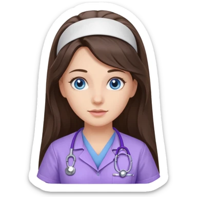 pretty brunette nurse with long hair and blue eyes in lilac scrubs sticker
