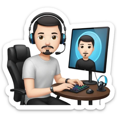 a setup of a youtuber, white skin, thin goatee, black short hair, with a desktop pc on a table, a gaming chair, microphone, ring light sticker