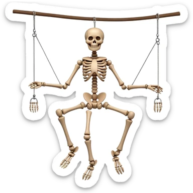 3D render of Skeleton Marionette as a wooden marionette puppet, Wooden bones, hanging loose, silver metal screw joints at elbows and knees, polished brown wood texture, rigid toy pose, Apple emoji style, isolated on white background --v 6.0. sticker