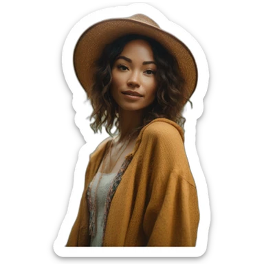 Outdoor photoshoot in a forest setting, model in bohemian attire, style: natural light photography. Camera setup for soft, diffused lighting: 50mm lens, f/2.0, ISO 200, 1/250 sec. –ar 16:9 sticker