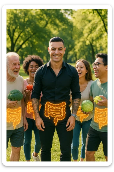  a smiling man stands at the center of a group of diverse, happy people in a bright park. Everyone has a subtle, glowing outline around their abdominal area, symbolizing a healthy gut. The group is laughing, sharing fresh fruits and vegetables, and the atmosphere is vibrant and full of energy. sticker