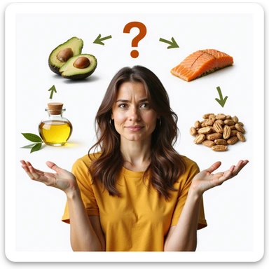 realistic woman with confused expression, slightly changed hand position, surrounded by realistic icons of healthy fats (avocado, olive oil, nuts, salmon), question mark above head, hyperrealistic details, natural light, PNG without background, variant 4 sticker