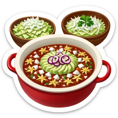 A delicious hot bowl of pozole rojo with the sides next to the bowl: chopped onions, shredded cabbage, lime wedges, red chile de arbol salsa, and full round tostadas sticker