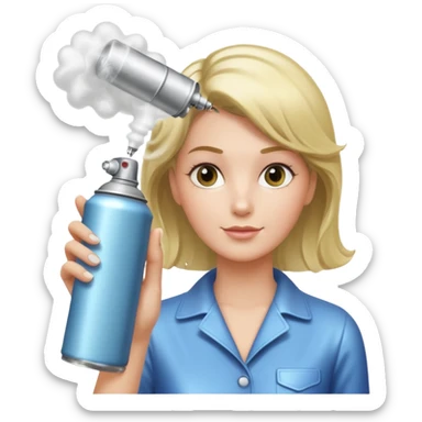 In her hand - a classic aerosol hairspray can (metallic cylinder, small spray nozzle on top). The can is spraying fine mist particles toward her hair, clearly visible as light translucent spray cloud. sticker