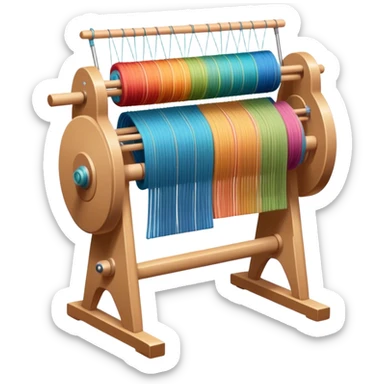 Weaving icon, loom with colorful fabric being woven, visible shuttle, spools of yarn, fabric swatches, sewing patterns, and finished clothing items, minimalistic style, clean lines, transparent background. sticker
