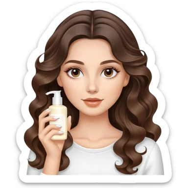beautiful brunette with a light balayage white girl with nice curls/defined waves, very long hair, clean girl makeup APPLYING A FACE CREAM FOR SKINCARE sticker