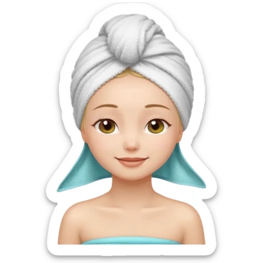 cute girl with her eyes closed and smiling, wearing a spa towel as her clothes in she has a spa towel on her head with no visible hair sticker
