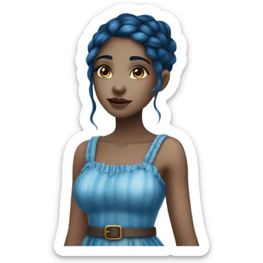 A beautiful blue skinned fantasy girl who has dark blue hair that shines. She has freckles on her nose and wears a cottage dress. sticker