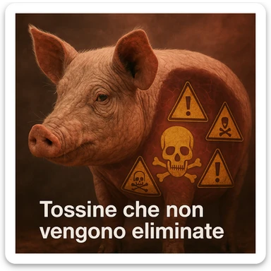 close-up of a pig with dry skin, toxin and poison symbols inside the body, health alert atmosphere, Italian text: 'Tossine che non vengono eliminate', 4K quality sticker