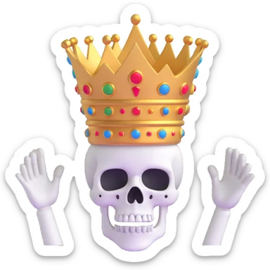 A shocked skull with a crown on top, both hands raised pressing on its head in disbelief, black and white sticker