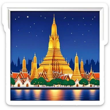 Cinematic Realistic Wat Arun Landmark Emoji, depicted with majestic temple spires illuminated against twilight rendered with intricate detail and soft, ethereal lighting. sticker