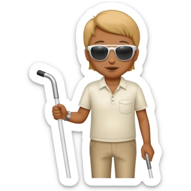 A blind person wearing sunglasses and holding a guide cane sticker