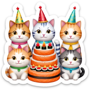 exactly six individual cats in a row celebrating one cat's birthday, each cat clearly visible and holding a piece of sushi, birthday cake in center, all six cats with party hats sticker
