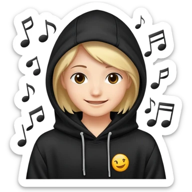 a smiling face peeking out from a hoodie with musical notes around sticker