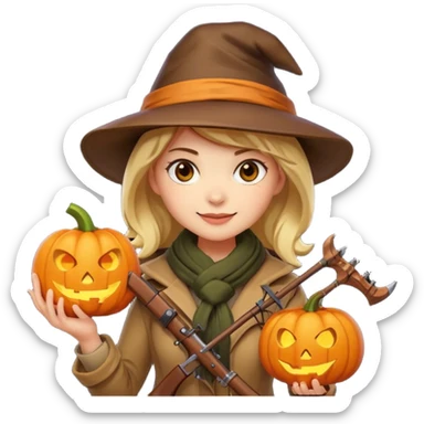 female human monster hunter emoji, wearing brown coat and hat, holding crossbow, soft smile, scarf, glowing pumpkin by her side, Halloween fantasy style, clean vector Apple emoji look, bright colors, white background, square sticker