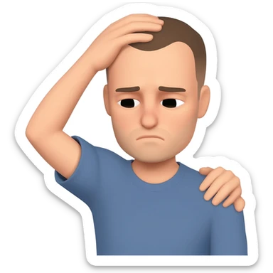 A man who is depressed with his left arm draped over the top of his head so the inside of his left elbow is on the very top of his head where hair grows from and his left hand is touching his right shoulder sticker