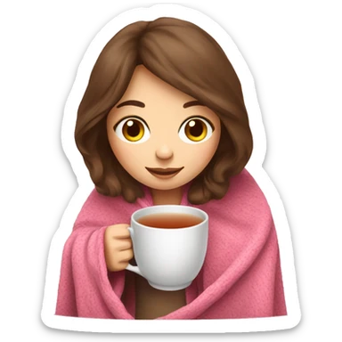 brown hair girl drinking tea with cozy pink blanket sticker
