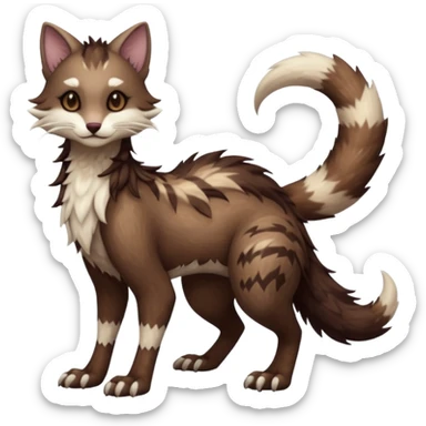 Kawaii dark edgy brown beige white fantasy ethereal feline-vernid-sergal-furret-fursona animal creature with a tufted tail full body with intricate markings  sticker