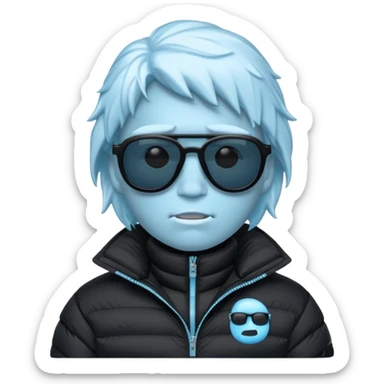 frozen ice face emoji wearing puffer jacket and cool blacked out shades, rap style underground aesthetic sticker