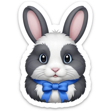 a white and black realistic domestic rabbit with a blue ribbon on its neck sticker