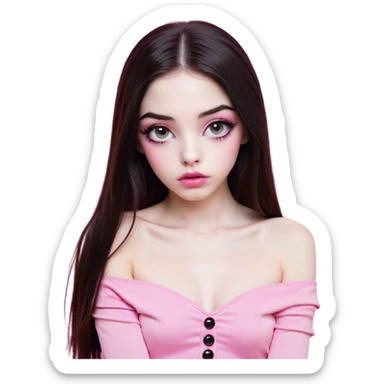 girl with white skin, dark brown long straight hair with middle part falling in front of her body, very big pouty extra shiny lips with absolutely no cupid's bow, big round shiny eyes with black eyeballs and huge eyelashes, lighter button nose, very long oval-shaped face, wearing a pink off-shoulder top, looking directly at camera with hands down at sides sticker