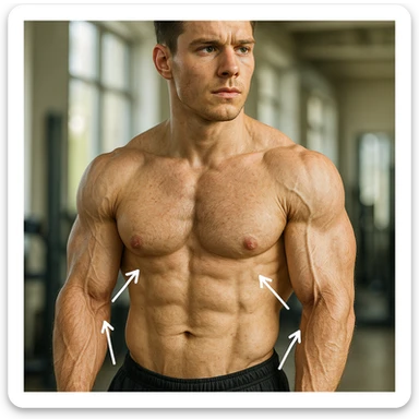 young 25-year-old bodybuilder with low collagen, hyper realistic style, sculpted muscles, less elastic skin on arms, arrows indicating collagen escape, realistic details, bright environment sticker
