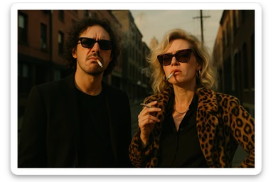 Par de personas que trabajan en la industria musical, parados conversando con aires de superioridad mientras se fuman un cigarro, mientras miran a la cámara (músico) de forma despectiva y burlona sticker