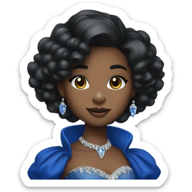 A young black princess with a royal blue dress and gloves, with black puffy hair with diamond hair accessories,and diamond jewelry sticker