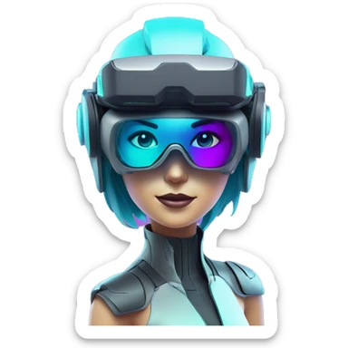 Secret humanoid agent in a futuristic hat with in Apple VR goggles headset code display on the goggles , cyberpunk, cyan and purple colors, only upper body portrait, front facing the camera  sticker