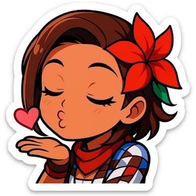 Azucena from Tekken 8 in chibi sticker style, blowing a kiss with a flirty expression, designed for Twitch emote use. sticker