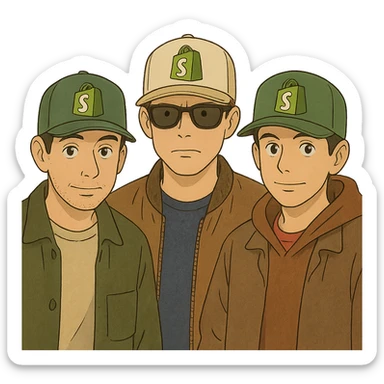 the Beastie Boys wearing hats with the Shopify logo sticker