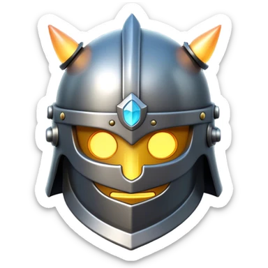Clash of Clans aesthetic: Cinematic Playful 3D Isometric steel helm Emoji, rendered in a 3D vector-style similar to standard emojis with minimal shading and bold, simplified shapes. A compact, distinct form with signature details, softly glowing with a fantasy RPG magic charm. Simplified yet unmistakably iconic, highly detailed and consistent, glowing with a soft radiance and high shine. Stylized with a touch of heroic grandeur and a soft glowing outline, capturing the essence of a beloved gaming relic with a friendly, playful manner! sticker