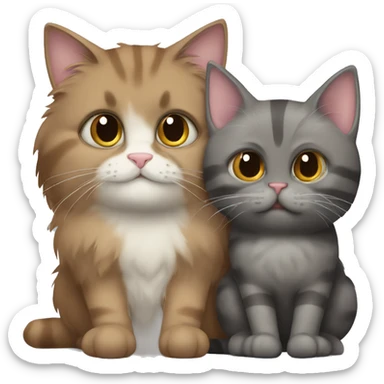 A gray fluffy cat hugs a striped lop-eared brown cat. The brown cat is unhappy sticker
