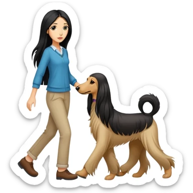 A girl with long black hair walking an Afghan hound sticker