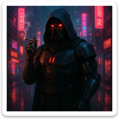 a sith lord with a robotic arm, smoking a joint, neon-lit cyberpunk city background, futuristic armor, glowing red eyes sticker