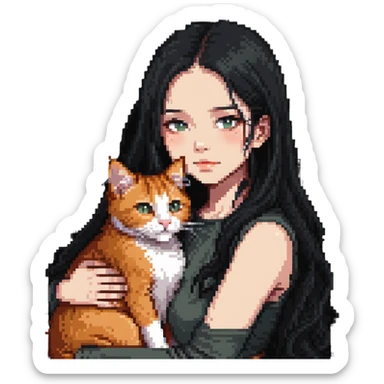 Beautiful girl with long black hair hugs a ginger cat sticker