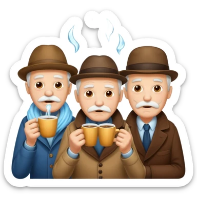 Three old men shivering in the cold, with icicles on their moustaches, drinking coffee sticker